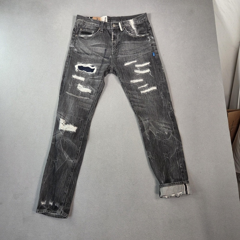 Japanese Selvedge Jeans Mens Black Distressed Patchwork Skinny Fits 30x30